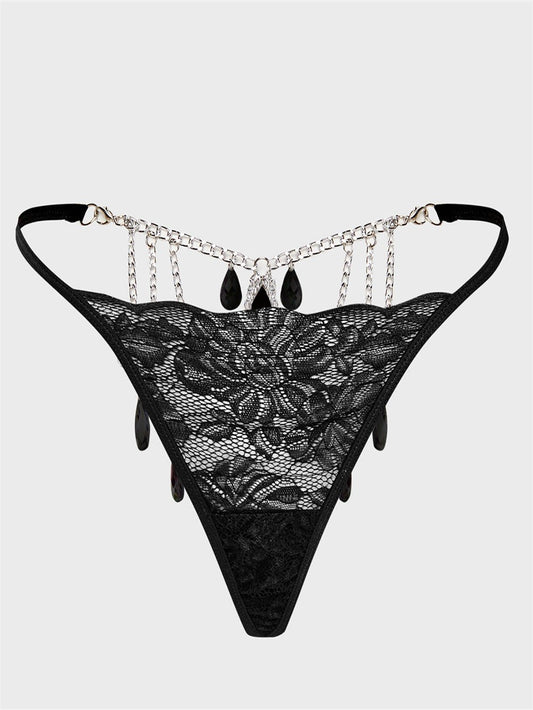 Black water drop gem embellished lace thong