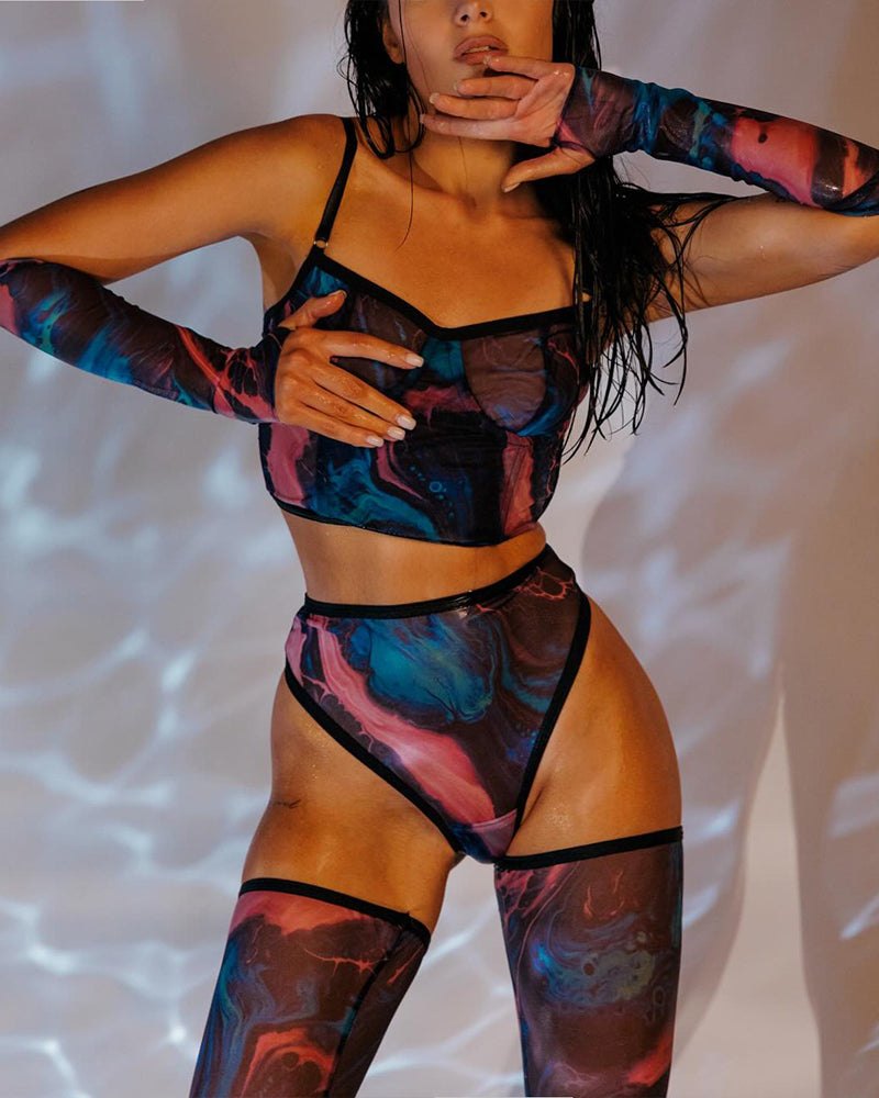 Watercolor print sheer mesh lingerie set, photo 5