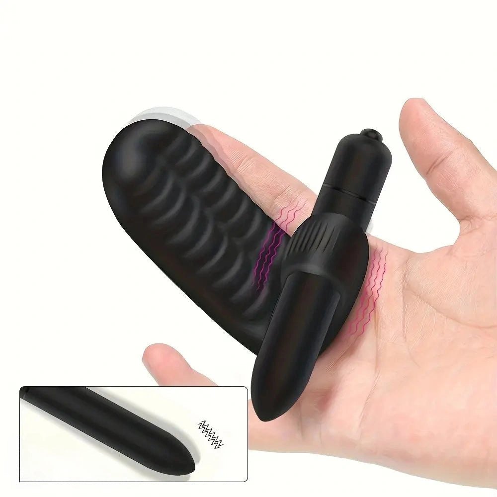 Black PVC finger sleeve clitoral stimulator with bullet, photo 1