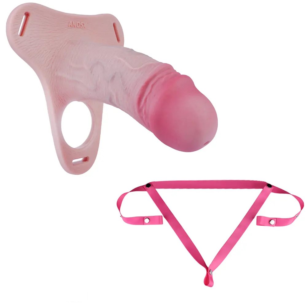 Flesh-tone silicone strap-on dildo with pink harness, photo 17
