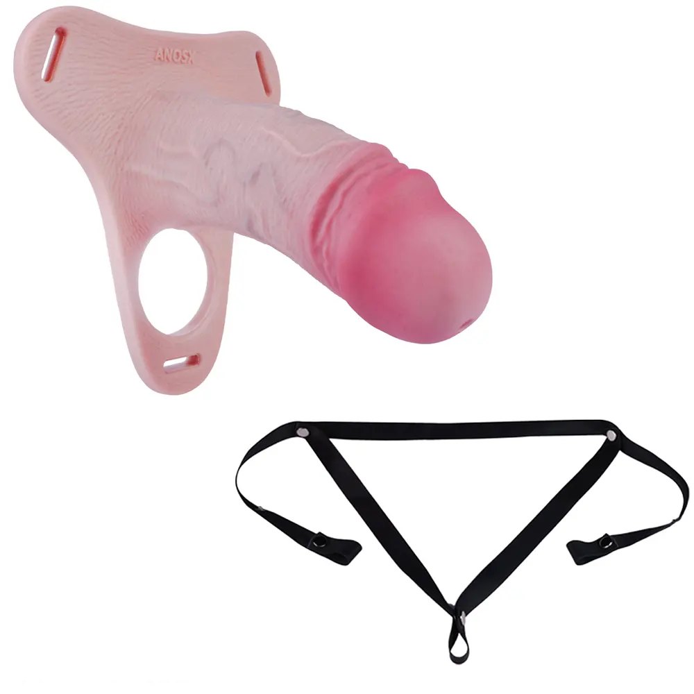 Flesh-tone silicone strap-on dildo with pink harness, photo 18