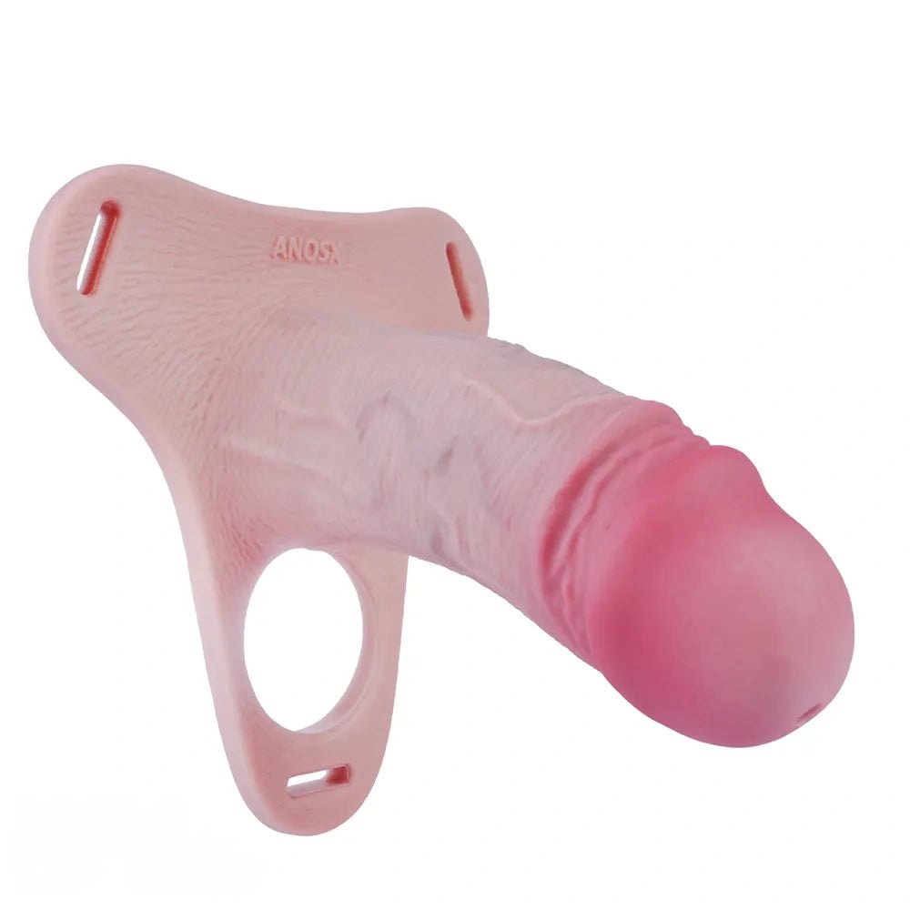Flesh-tone silicone strap-on dildo with pink harness, photo 2