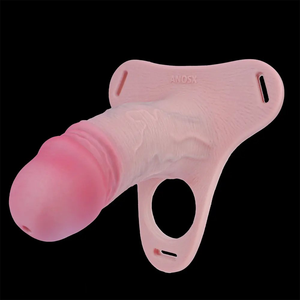 Flesh-tone silicone strap-on dildo with pink harness, photo 6