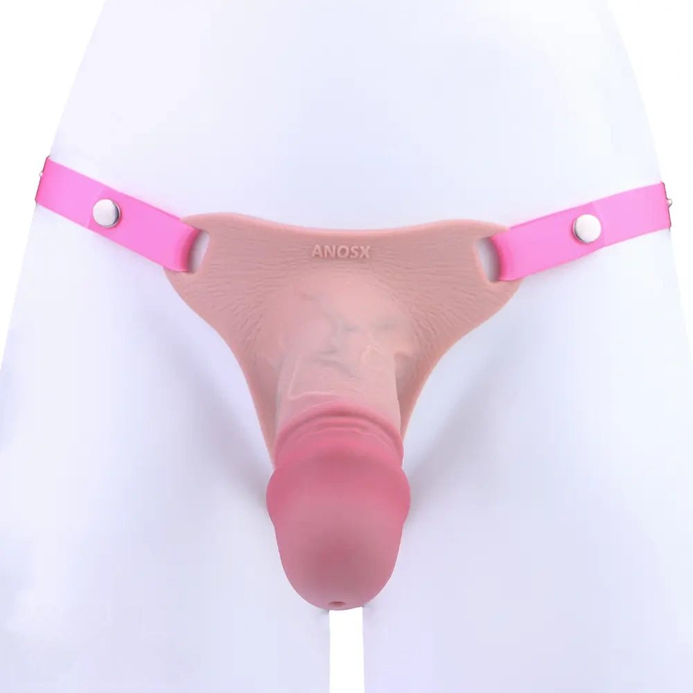 Flesh-tone silicone strap-on dildo with pink harness, photo 7