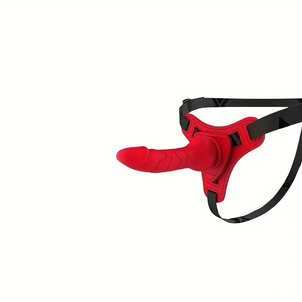 Red silicone strap-on harness dildo