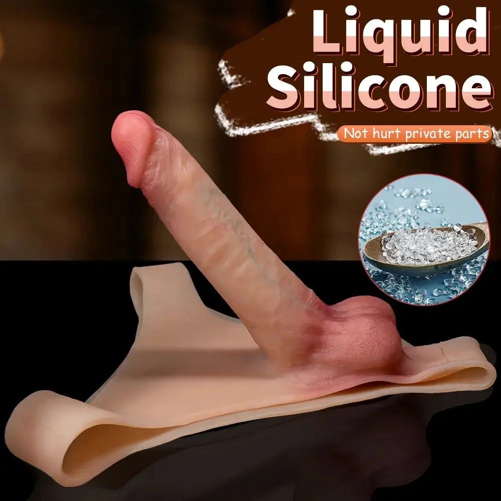Flesh-toned silicone strap-on dildo with wing straps, photo 14