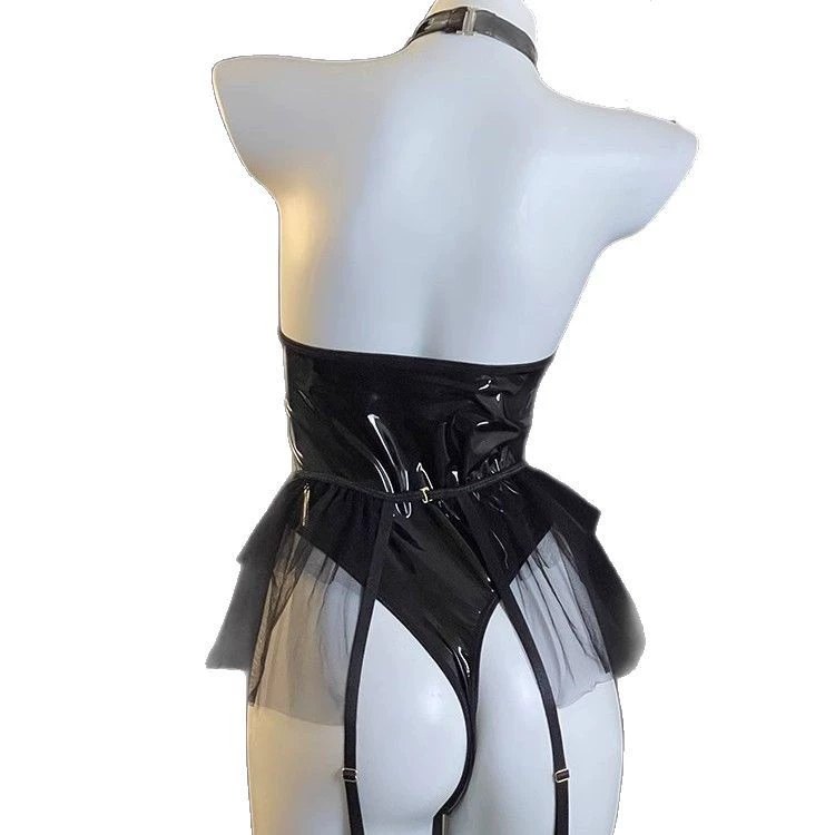 Wet look halter mesh garter bodysuit, photo 3