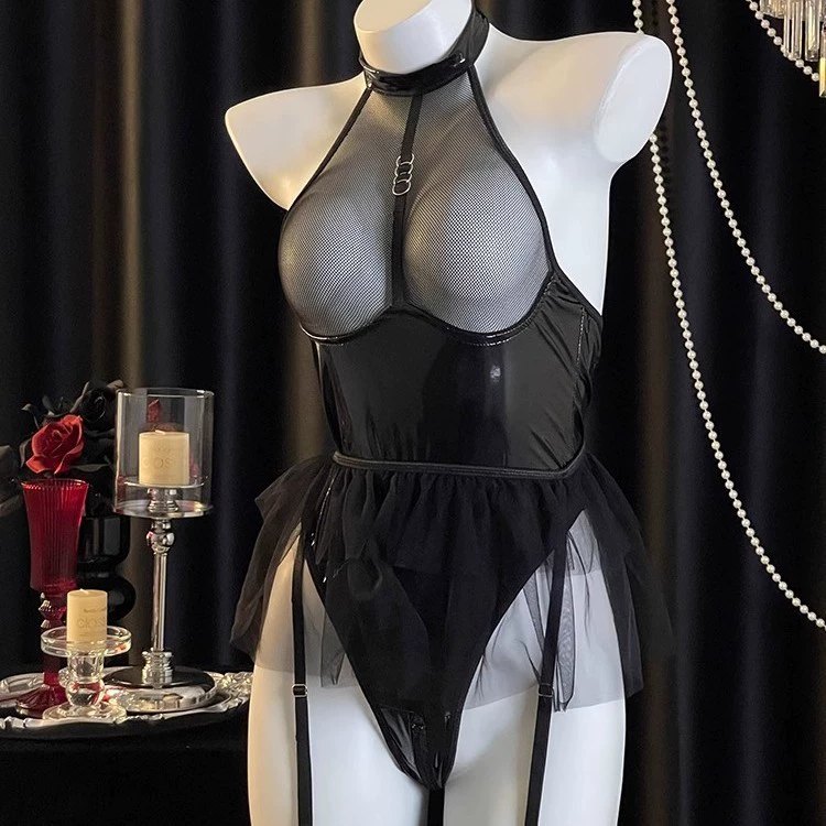 Wet look halter mesh garter bodysuit, photo 5