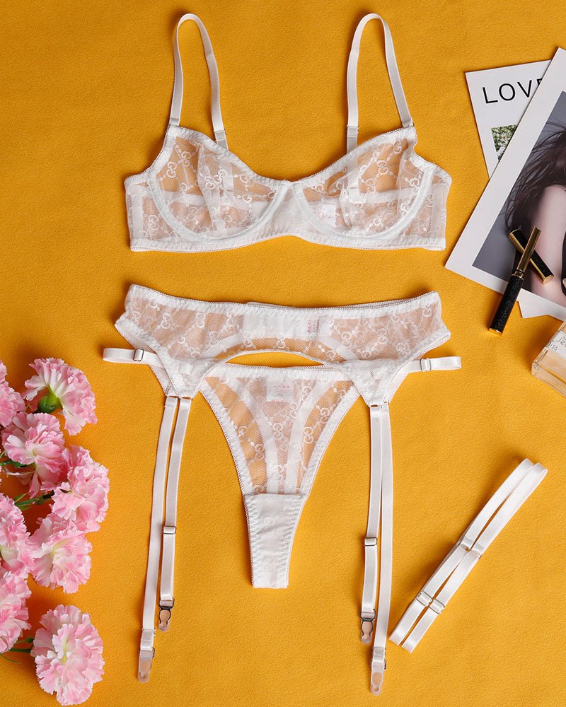 White chain embroidery sheer lace garter set, photo 6