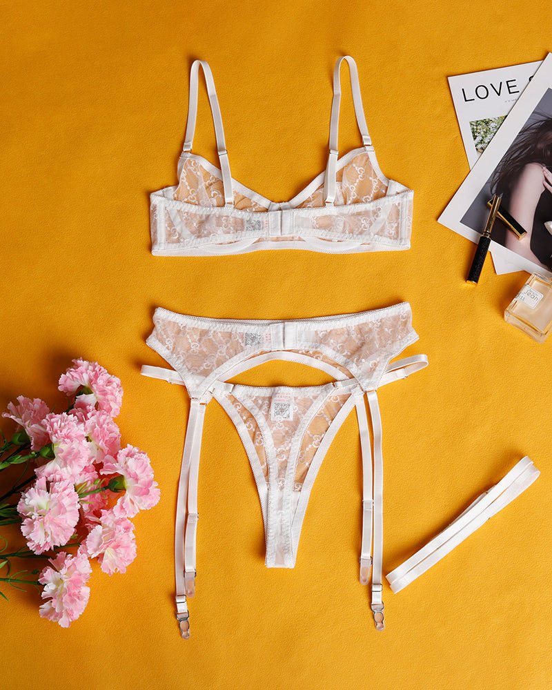 White chain embroidery sheer lace garter set, photo 7
