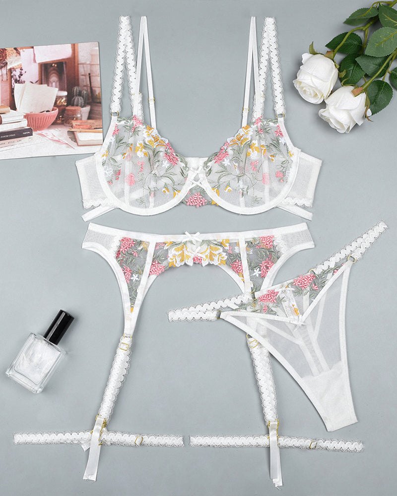 White floral embroidery lace mesh garter set, photo 5