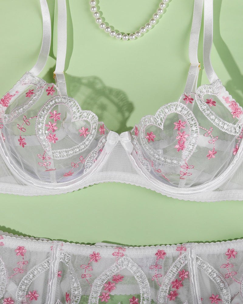 White heart lace cutout floral garter set, photo 10