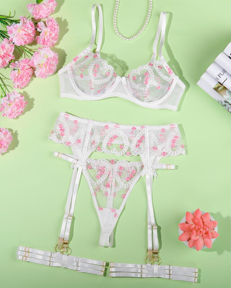White heart lace cutout floral garter set, photo 8
