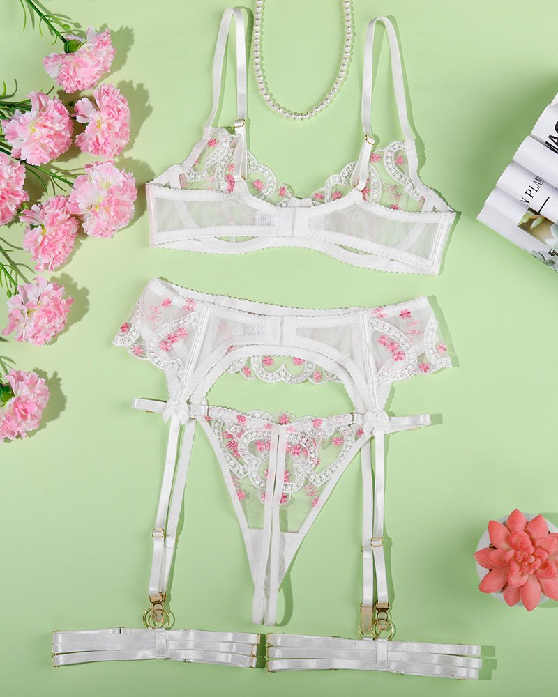 White heart lace cutout floral garter set, photo 9