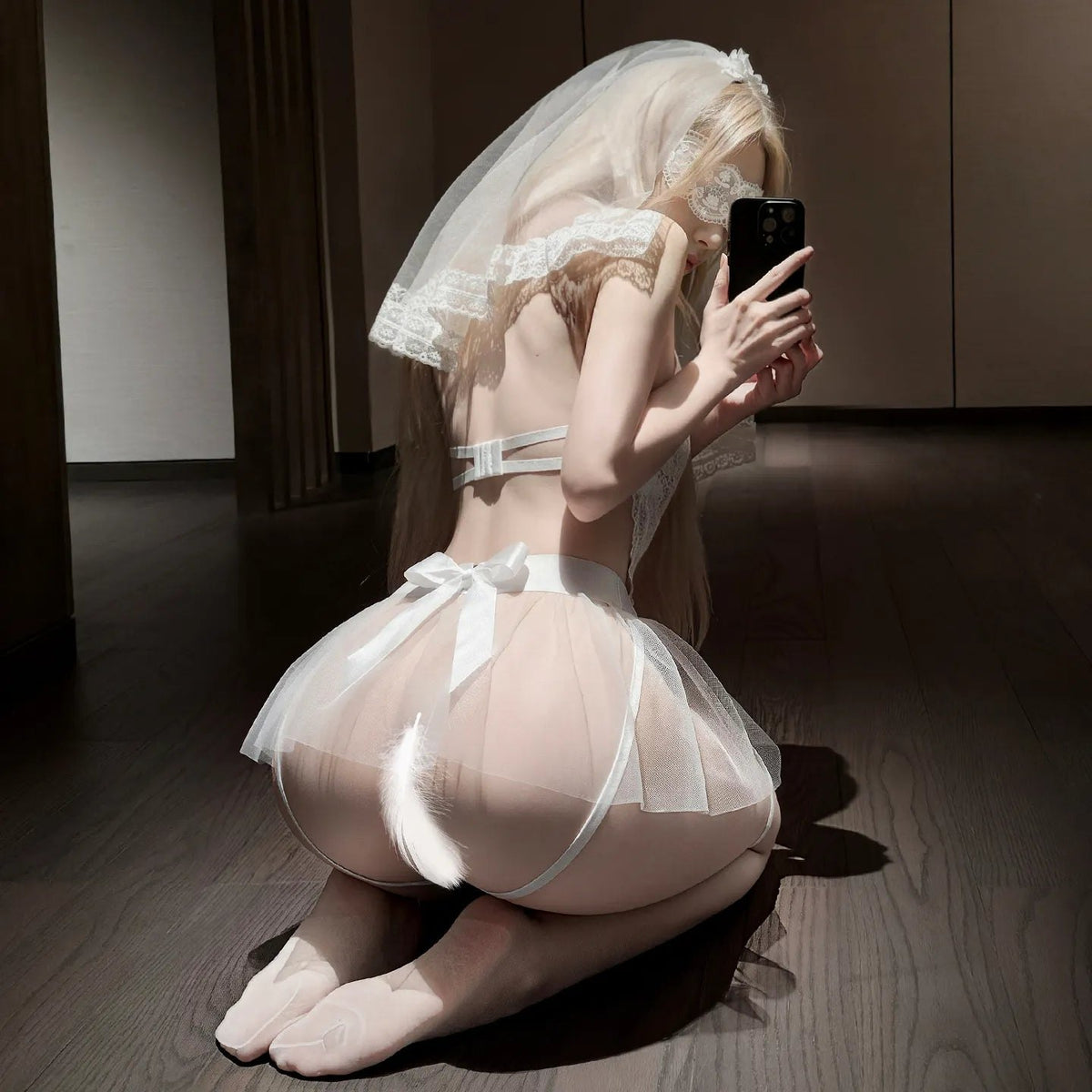 White lace bridal open crotch veil bodysuit, photo 6