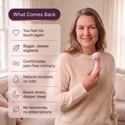 Woman holding WildNightX Bloom Device with benefits list — comfortable intimacy, natural moisture, deeper sleep, no hormones 2