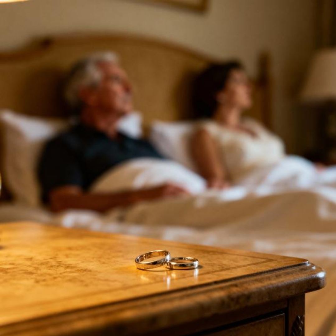 Older couple in bed with wedding rings on the nightstand