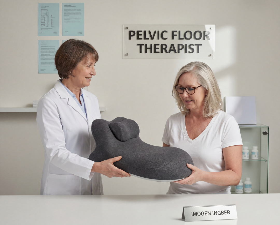 Pelvic floor therapist handing a patient the WildNightX Pillow