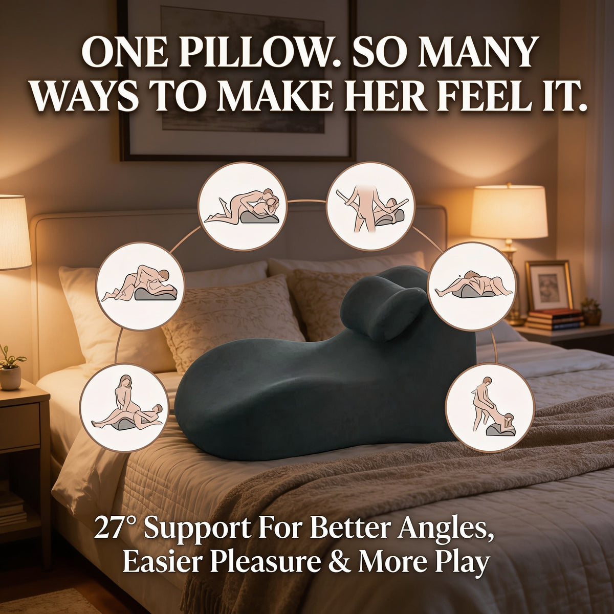 The WildNightX Pillow on a bed, circled by six position drawings, with the words: One pillow. So many ways to make her feel it. 27° support for better angles, easier pleasure and more play.