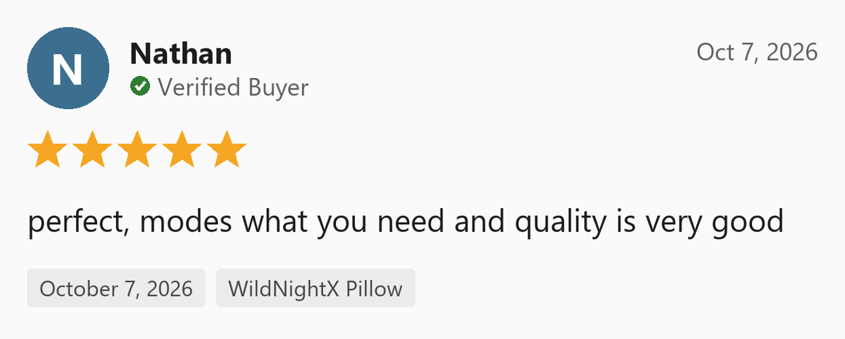 5-star verified buyer review of the WildNightX Pillow by Nathan