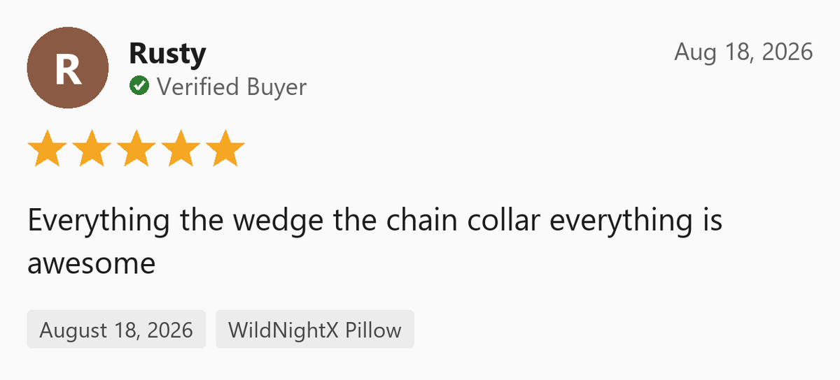 5-star verified buyer review of the WildNightX Pillow by Rusty