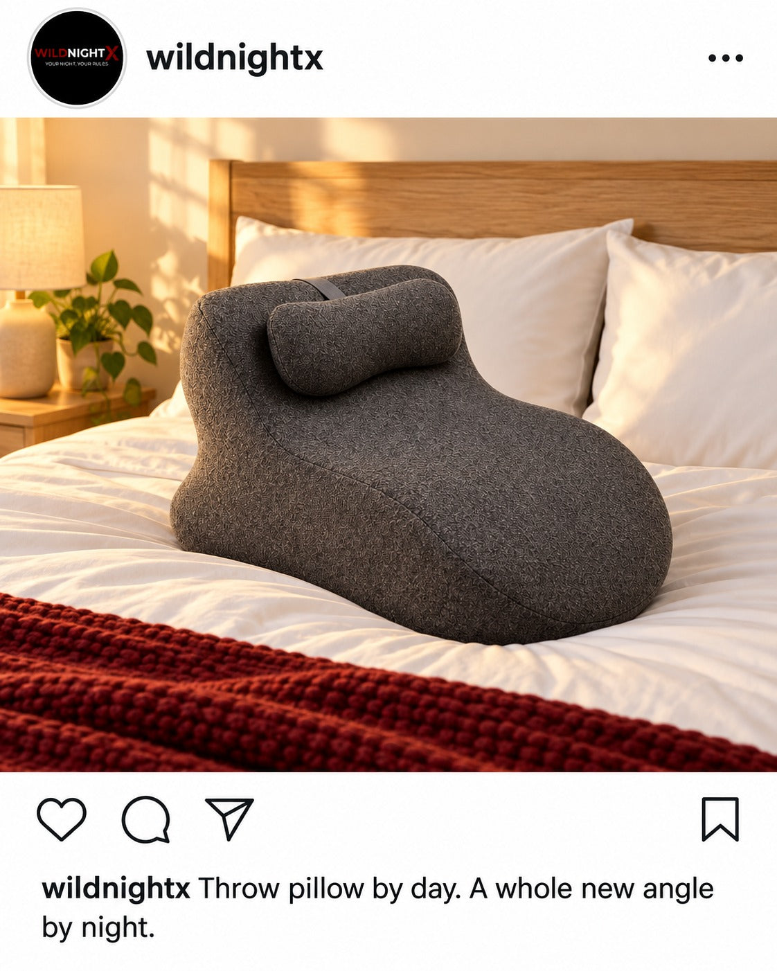 A WildNightX social media post showing the WildNightX Pillow on a bed