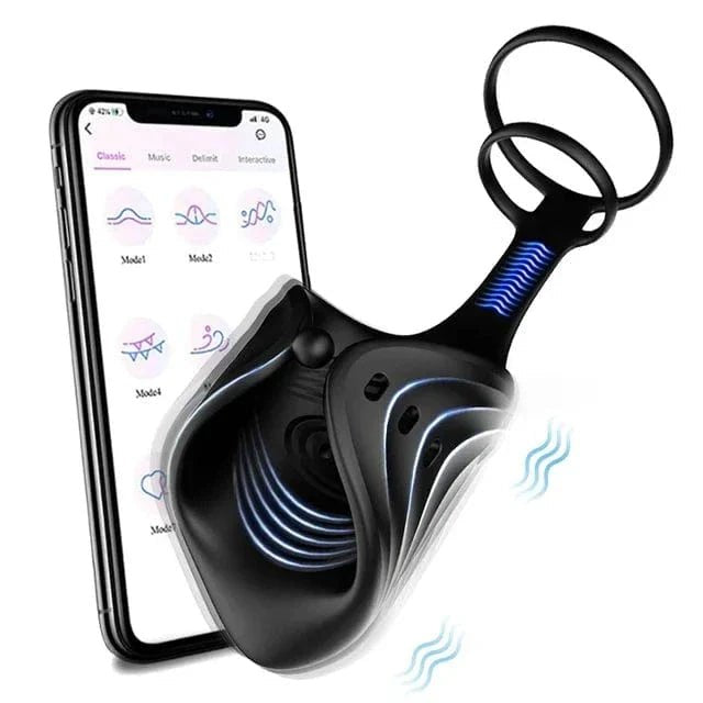 Black wireless app controlled silicone glans massager with adjustable straps
