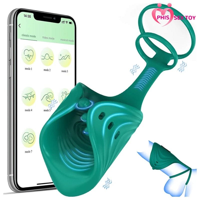 Green wireless app controlled silicone glans massager with adjustable straps