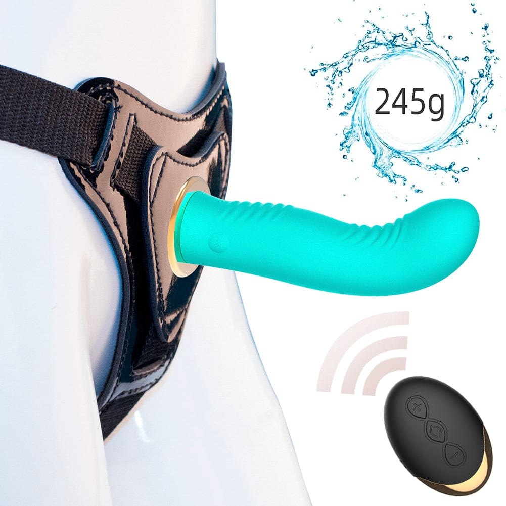 Blue strap-on harness dildo vibrator with wireless remote