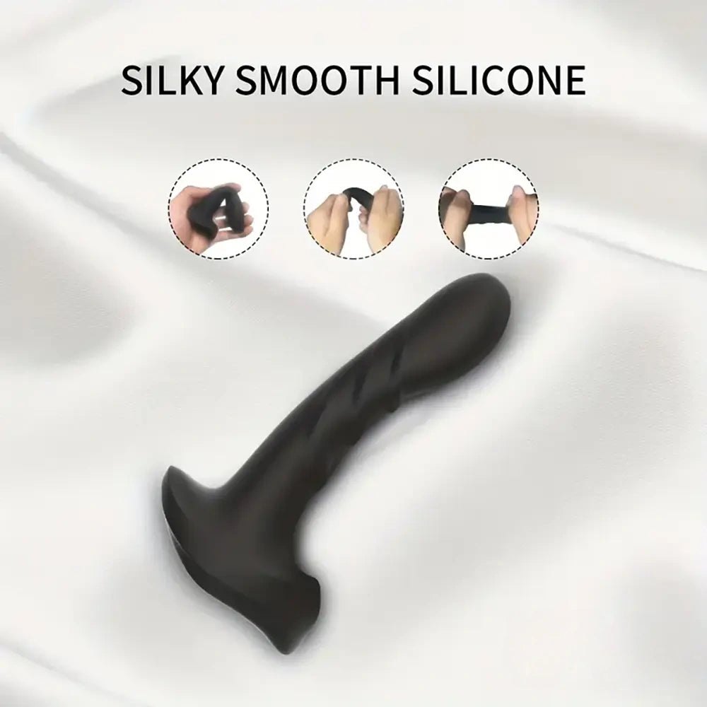 Black ribbed vibrating dildo with remote control, photo 6
