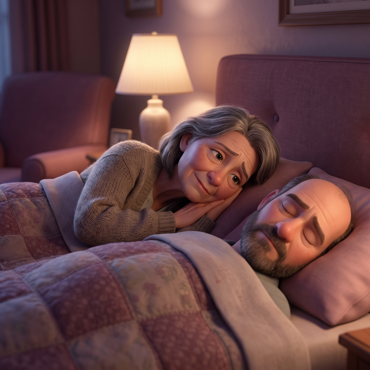 A woman in bed looking at her partner with quiet longing