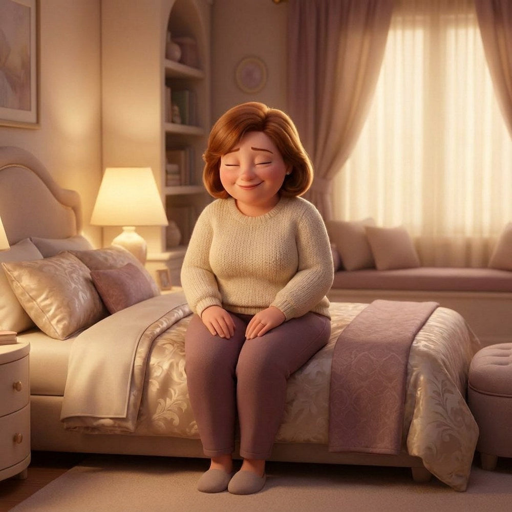 A woman at peace on the edge of her bed