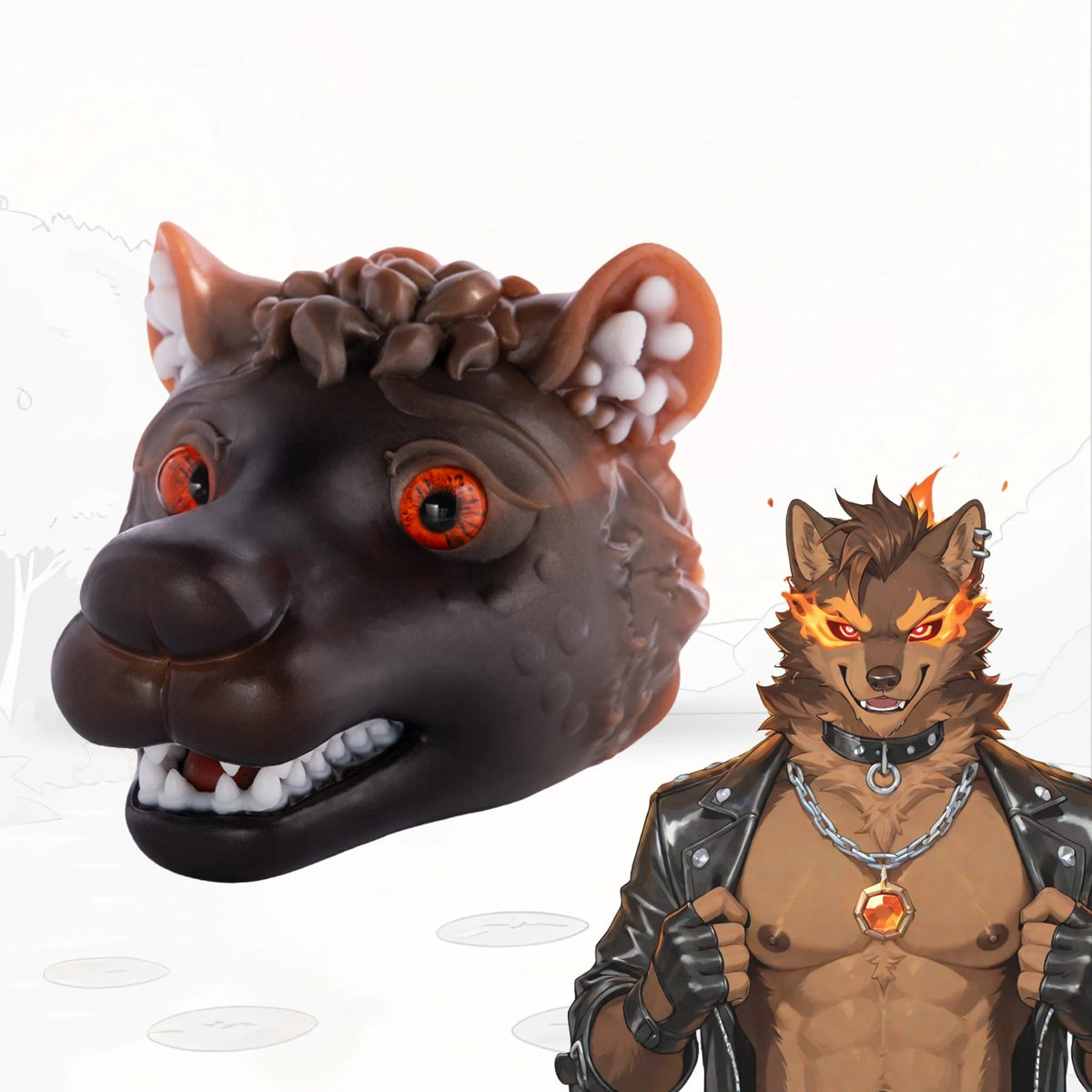 Dark brown wolf head masturbator with blood orange eyes, photo 1