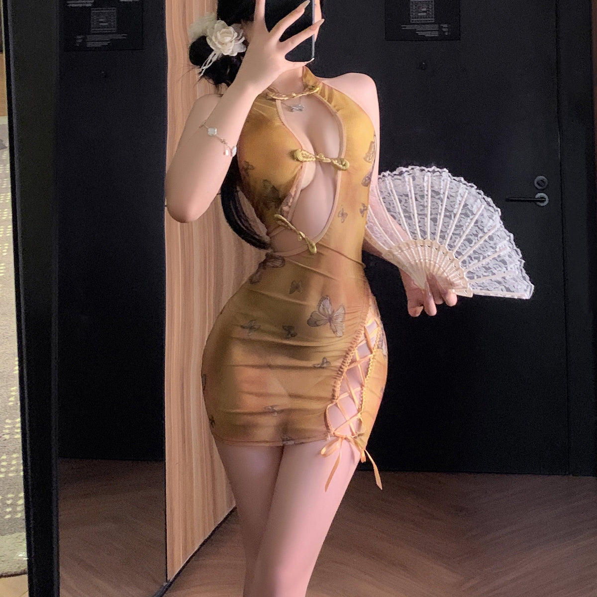 Yellow butterfly print retro cheongsam dress, photo 5