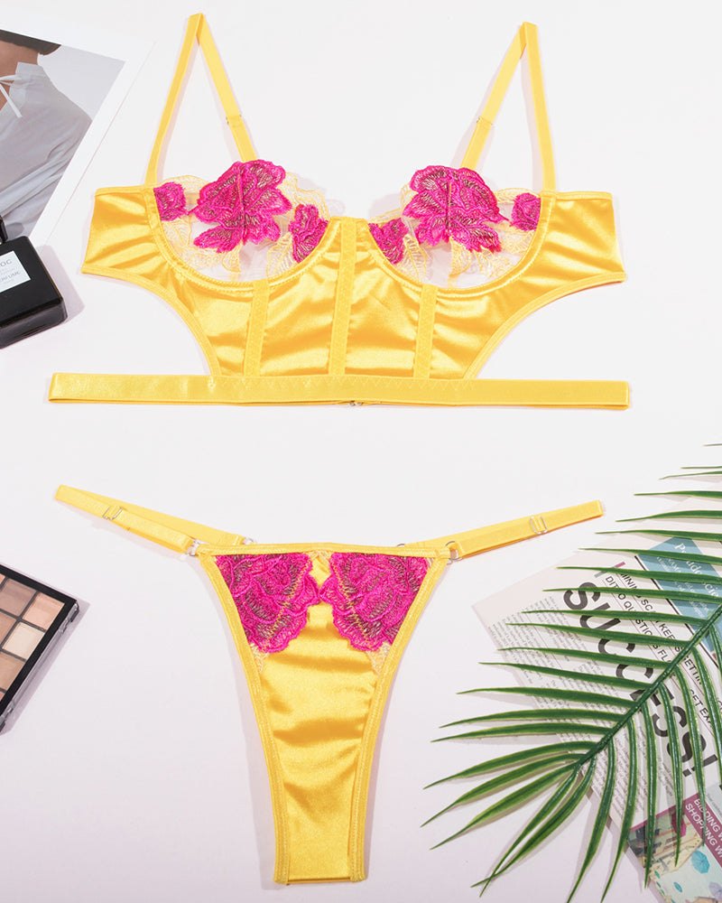 Yellow satin rose embroidery corset bra set, photo 5