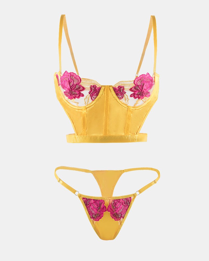 Yellow satin rose embroidery corset bra set, photo 6