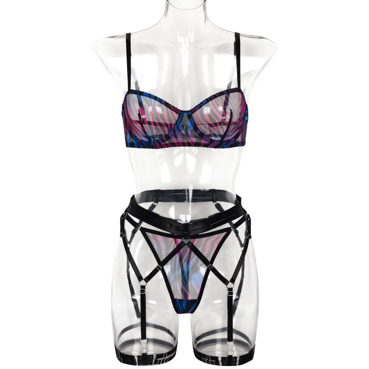 Zebra print mesh strappy garter lingerie set, photo 6